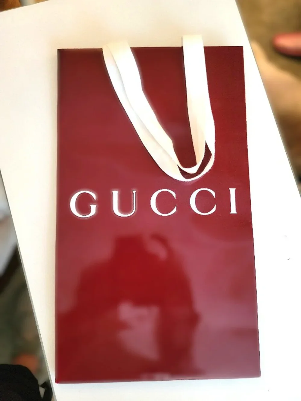 Maroon Shiny Gucci Shopping Bag & Velvet Hanger